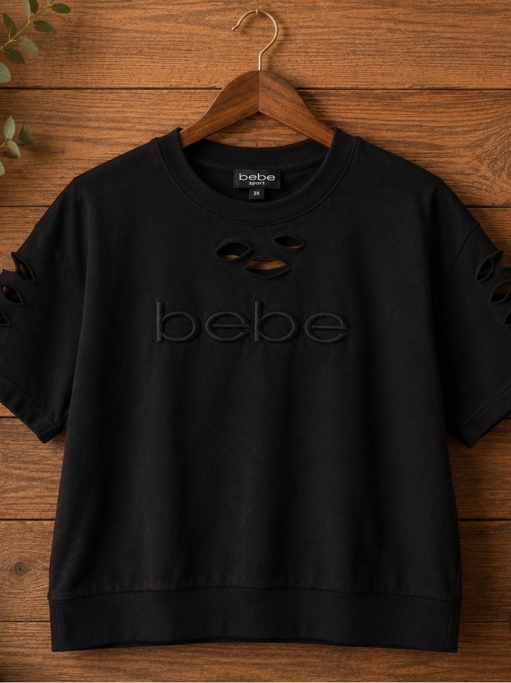 Bebe Sport Black Distressed Cutout Sweater|Plus Size 2X Edgy Athleisure Y2K